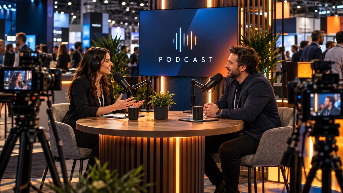 Estrutura de podcast em feira e exposição em Recife