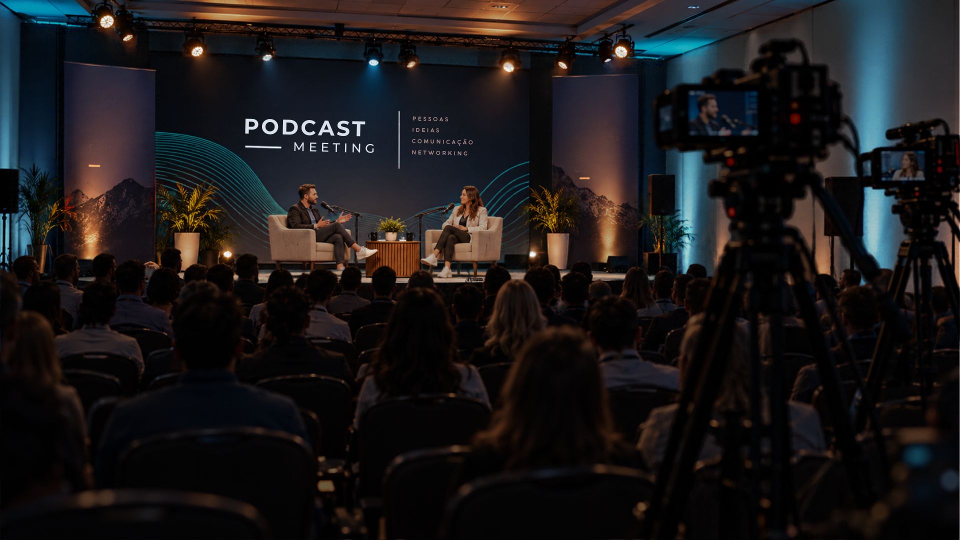Estrutura de podcast em evento com palco, público e câmeras