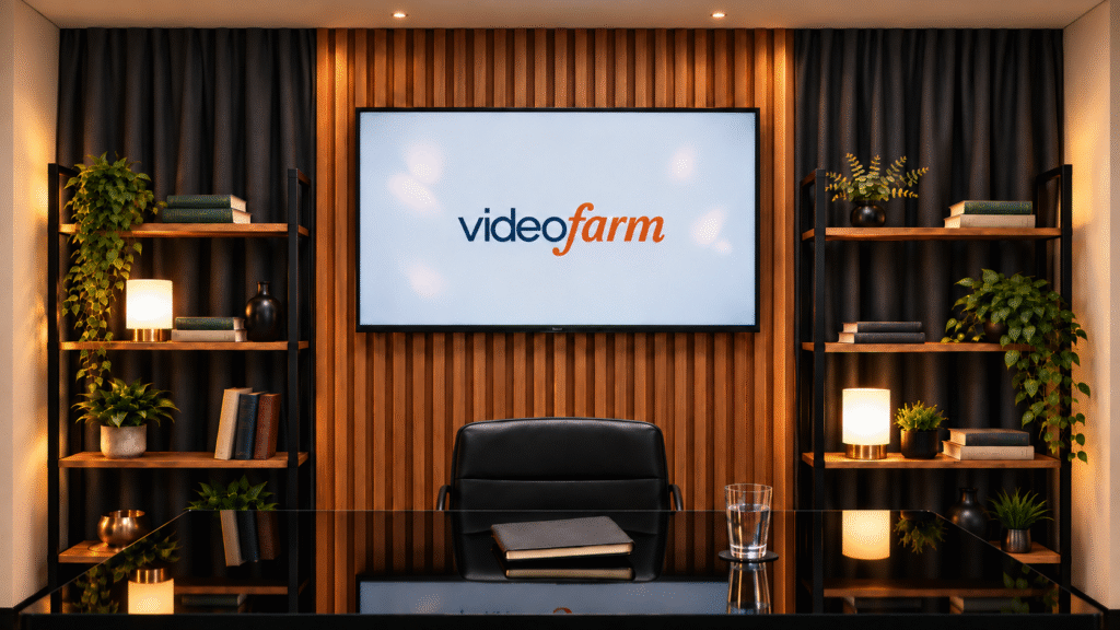 Proposta de cenário da VideoFarm com parede ripada e mesa preta espelhada