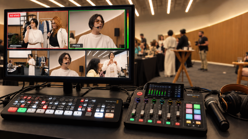Operação audiovisual de transmissão ao vivo com monitor de múltiplas câmeras