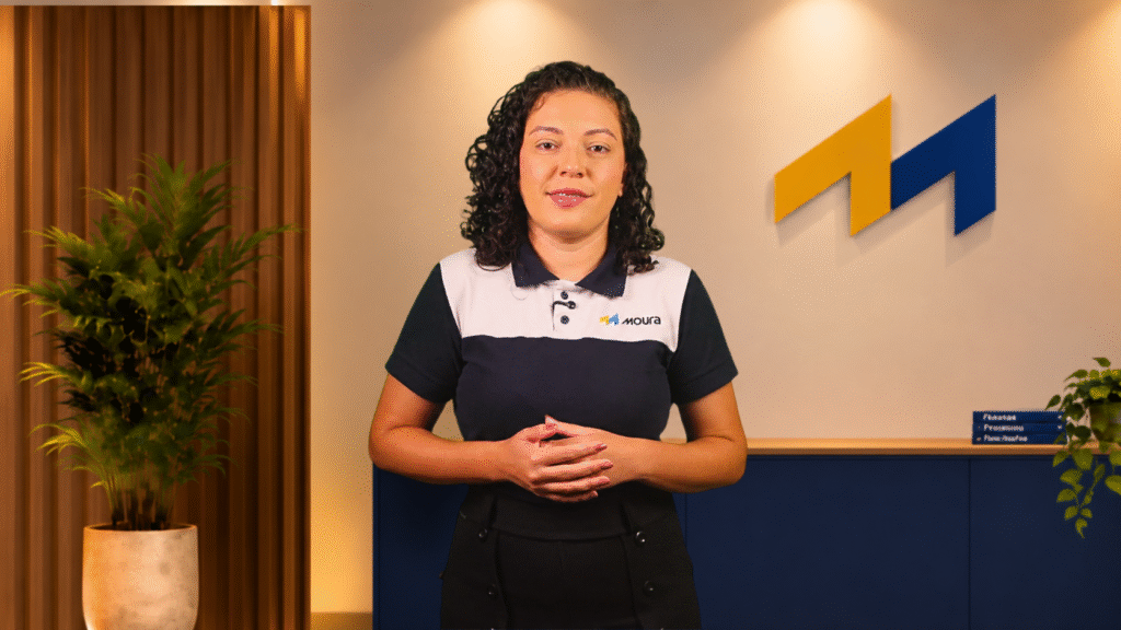 Apresentadora da Moura em gravação de treinamento em vídeo